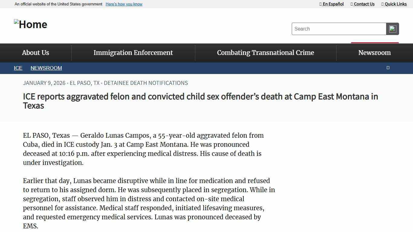 ICE reports aggravated felon and convicted child sex offender’s death at Camp East Montana in Texas ICE